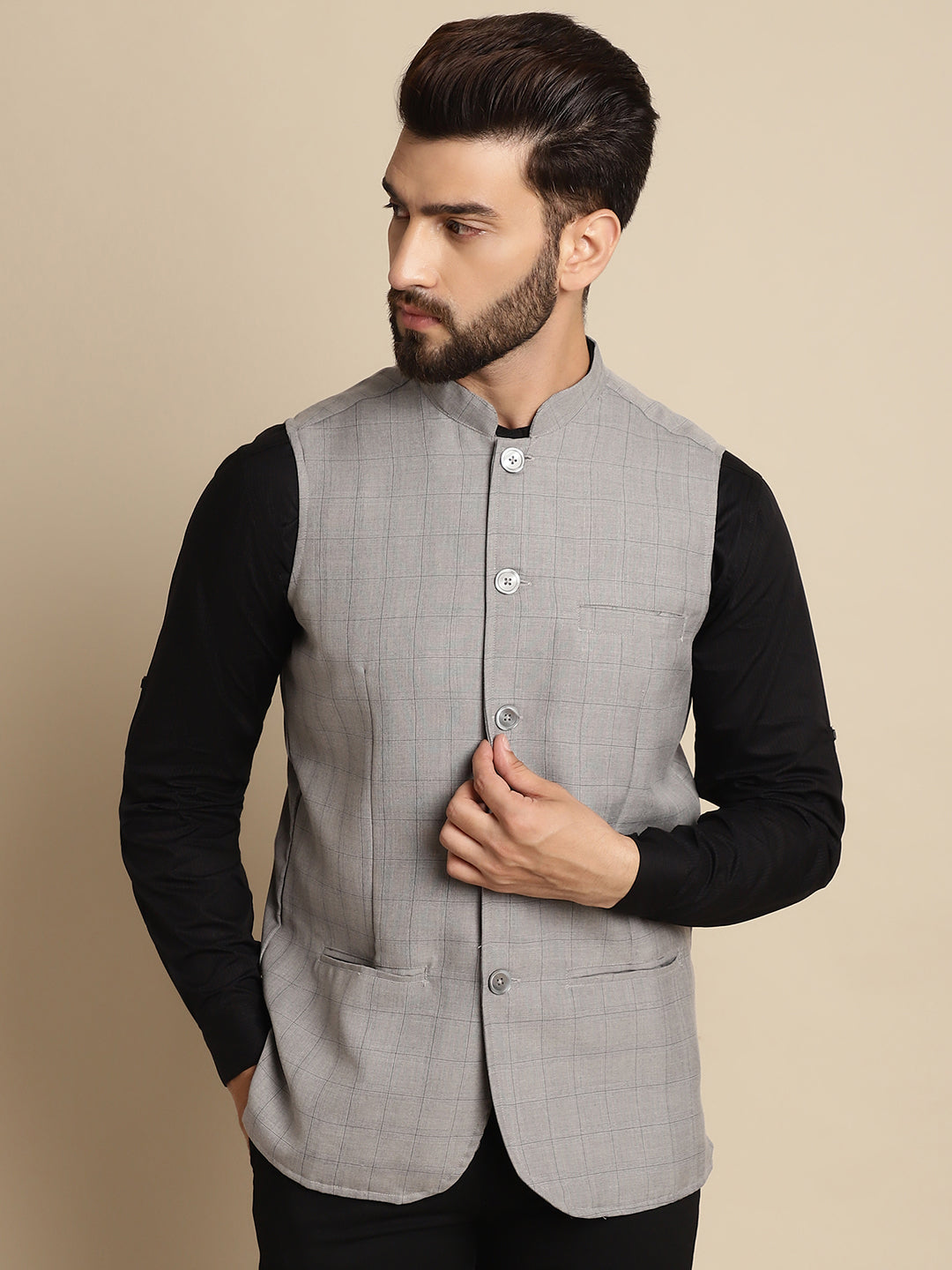 Even Apparels Men's Grey Mandarin Collar Waistcoat - Distacart