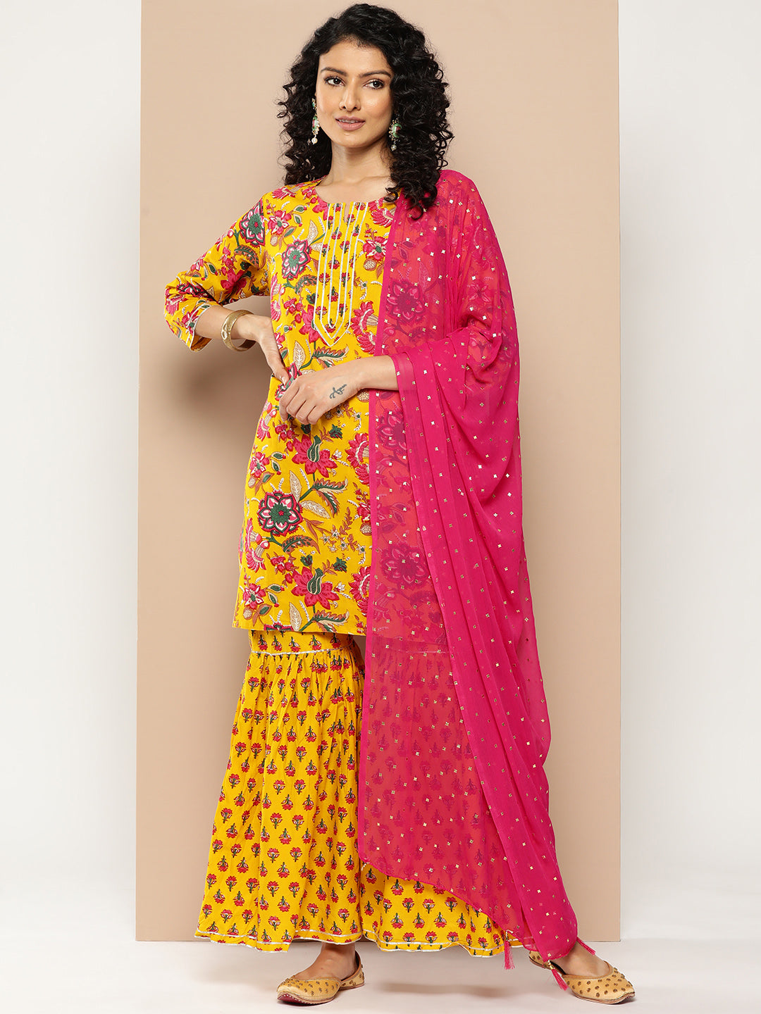 KSUT (House of Varanga) Yellow And Pink Floral Printed Round Neckline Kurta Having Gota Work On Yoke Nad Paired With Sharara And Contrast Pink Dupatta - Distacart