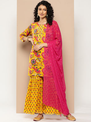KSUT (House of Varanga) Yellow And Pink Floral Printed Round Neckline Kurta Having Gota Work On Yoke Nad Paired With Sharara And Contrast Pink Dupatta - Distacart