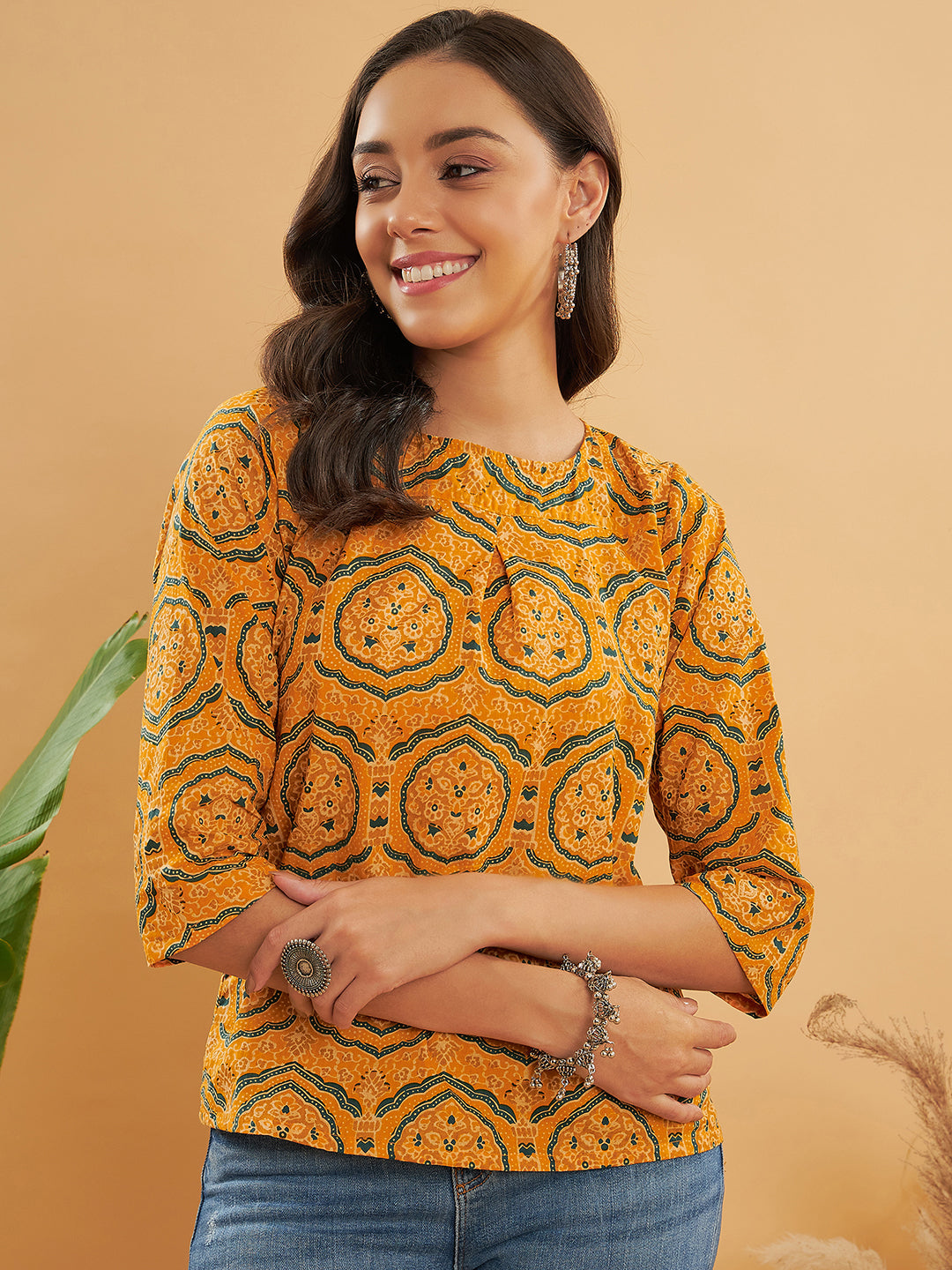 InWeave Women's Haldi Yellow Mughal Kalamkari Top - Distacart