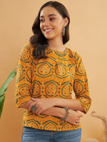 Thumbnail for InWeave Women's Haldi Yellow Mughal Kalamkari Top - Distacart