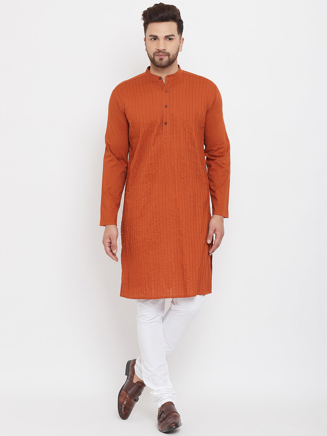 Even Apparels Rust Pure Cotton Kurta With Band Collar - Distacart