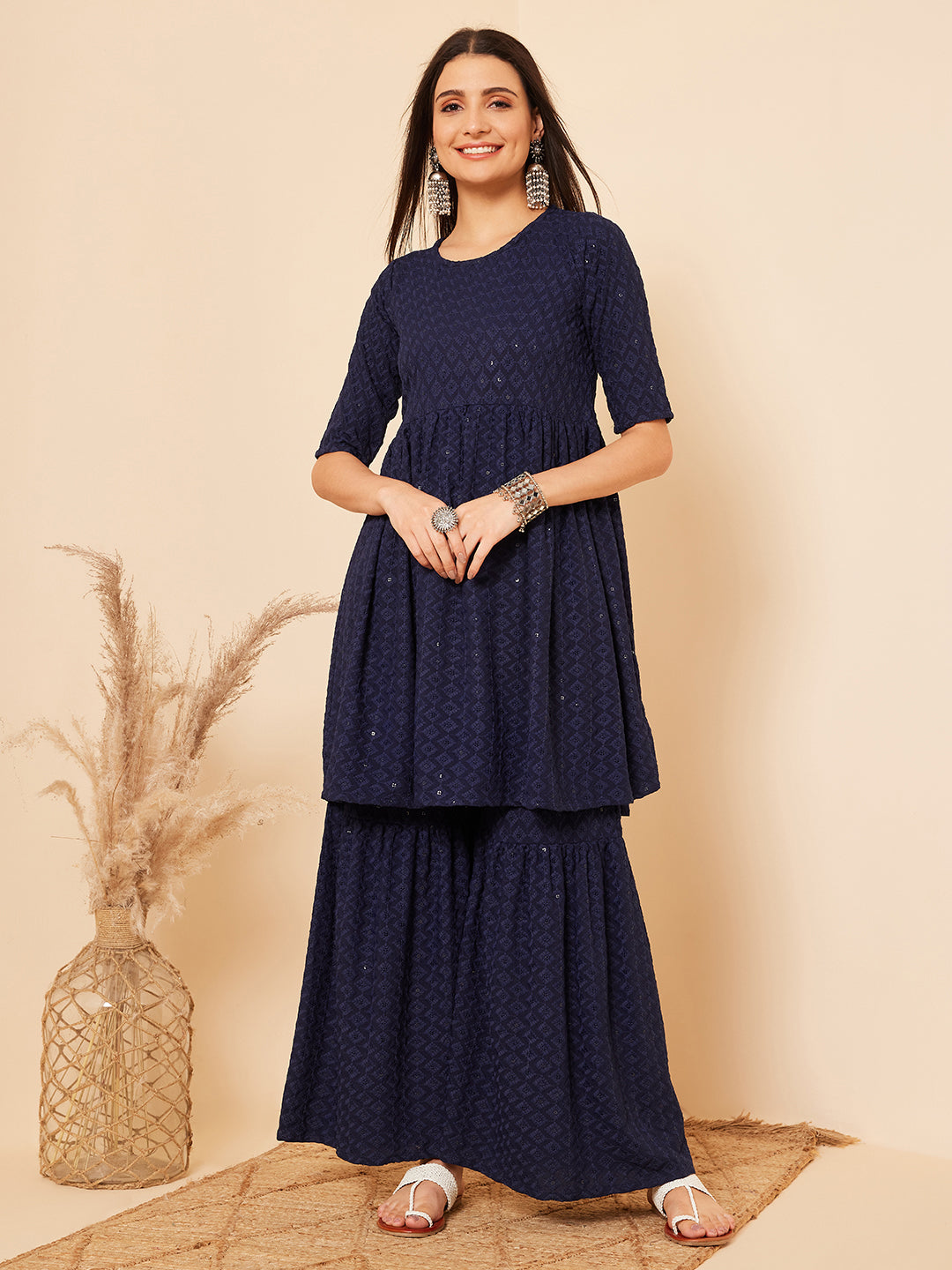 InWeave Women's Royal Blue Chikankari Kurta Set With Sharara - Distacart