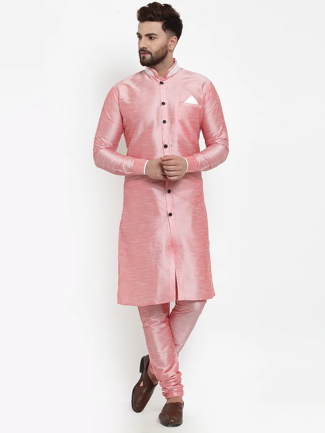Kalyum Men's Pink Solid Kurta with Churidaar Pyjama Set - Distacart