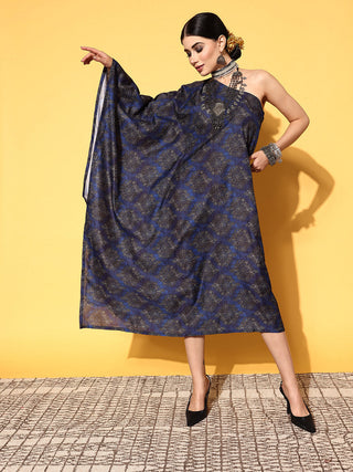 InWeave Women's Indigo Boota Print One Shoulder Kaftan Dress - Distacart