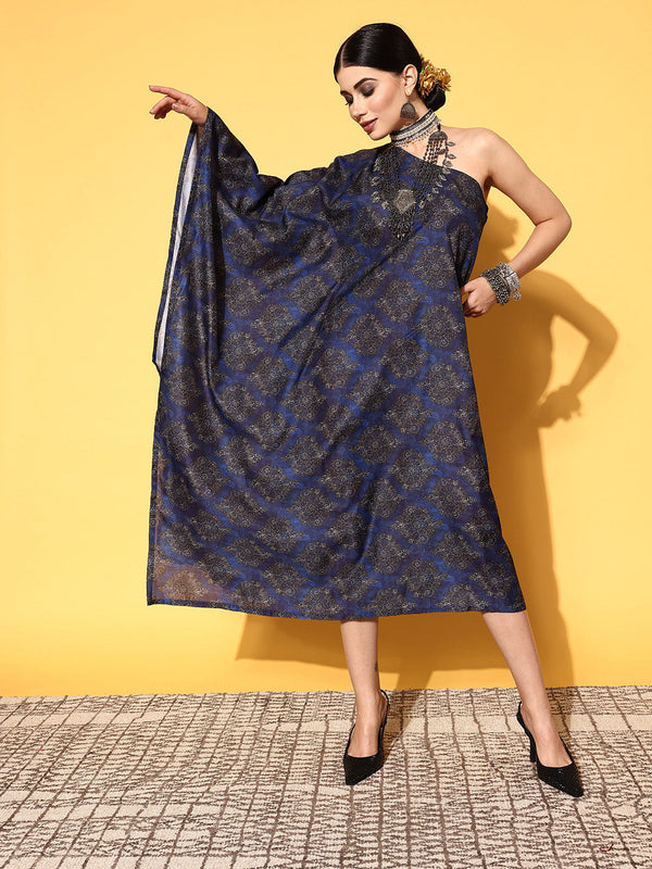 InWeave Women's Indigo Boota Print One Shoulder Kaftan Dress - Distacart