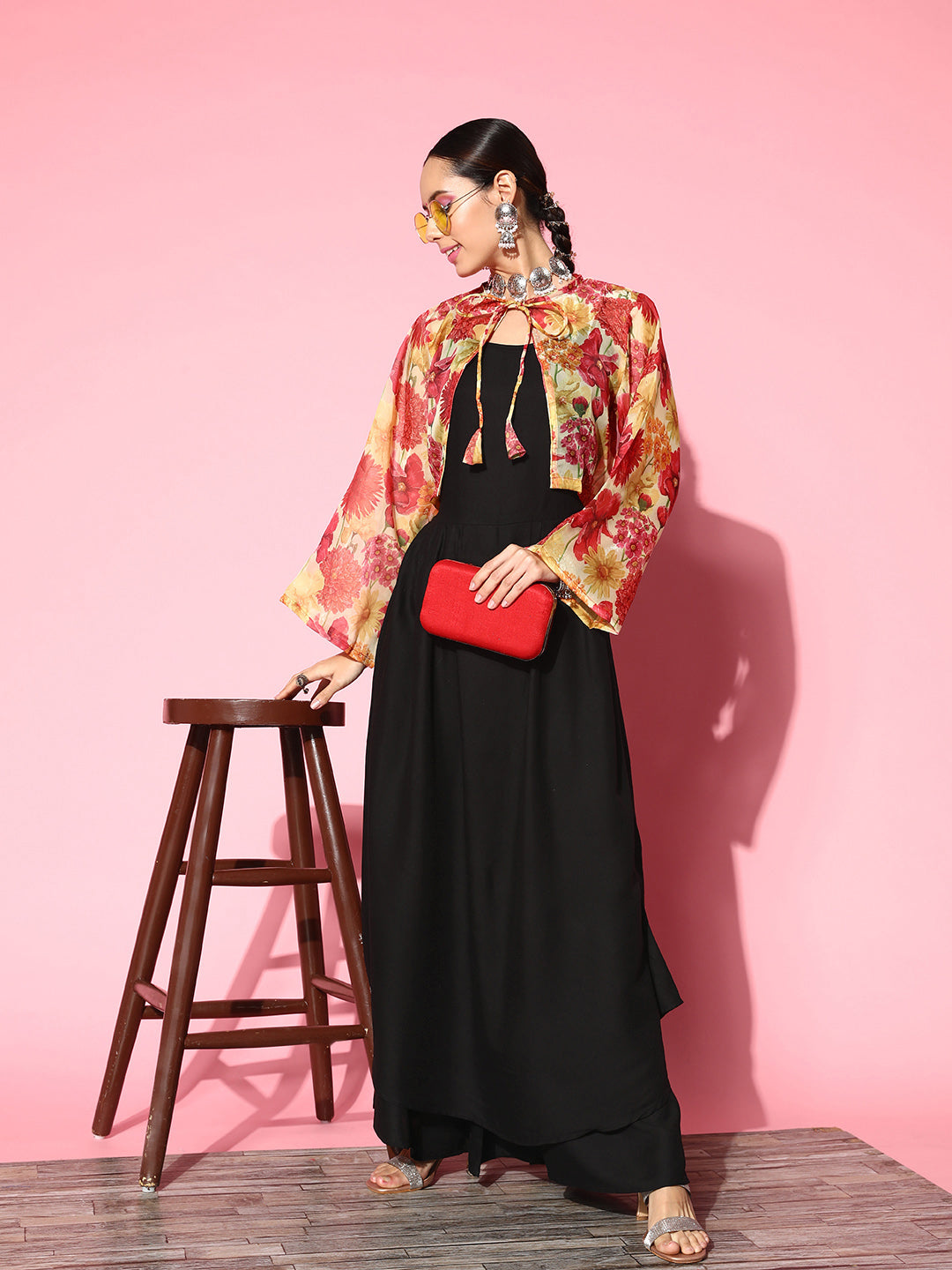 InWeave Women's Black Strappy Set With Red Pink Floral Short Organza Cape - Distacart