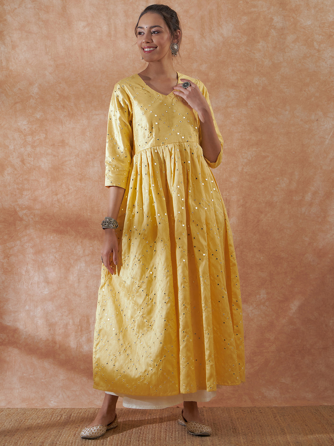 InWeave Women's Light Yellow Mirror Work Long Anarkali Kurta - Distacart