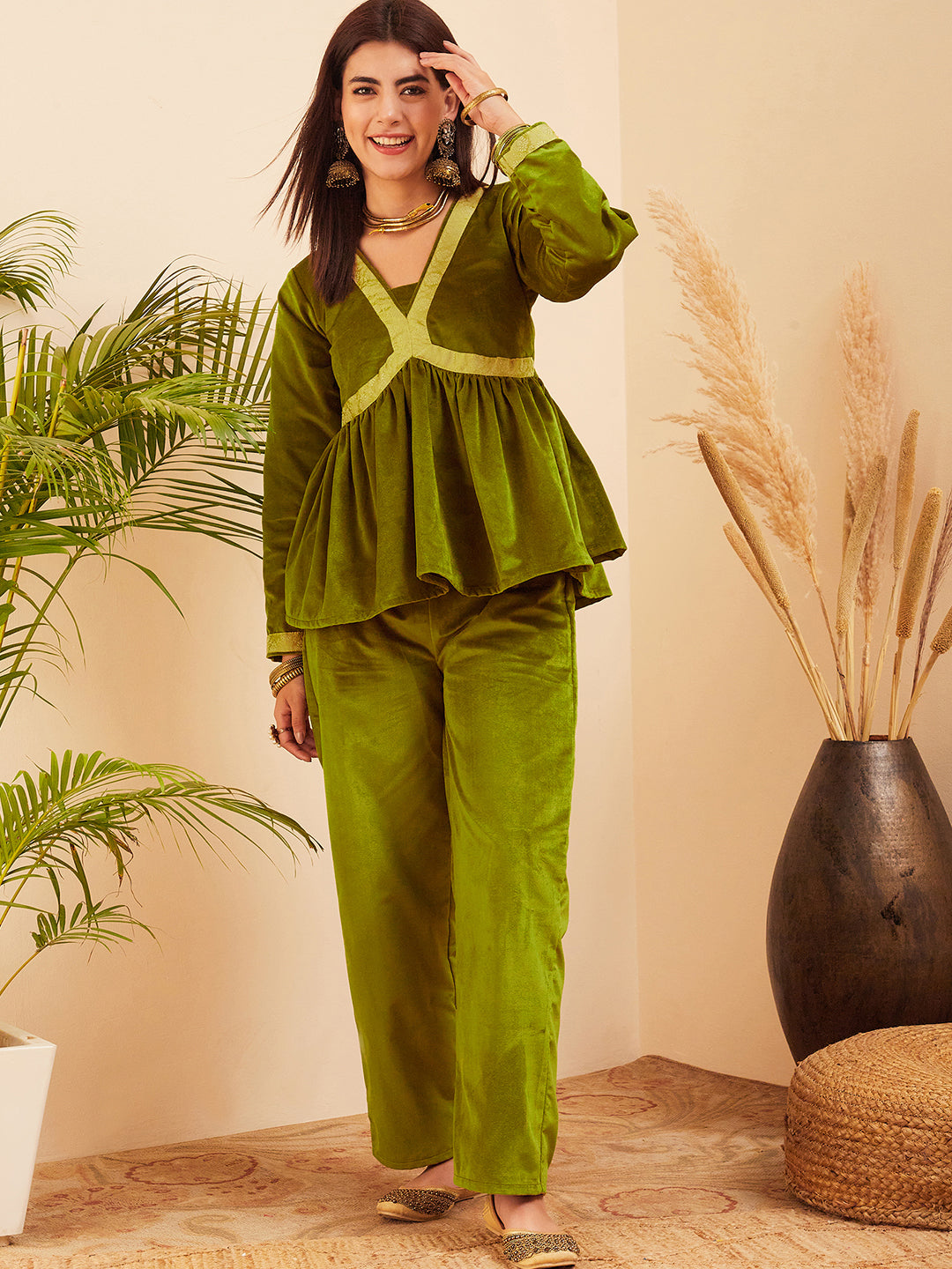 InWeave Women's Olive Mughal Shaan Style Velvet Short Kurta Set - Distacart