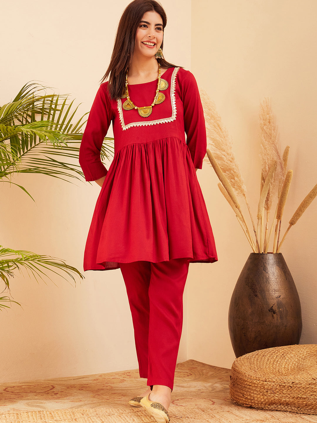 InWeave Women's Maroon Round Neck Square Gota Work Kurta Pant Set - Distacart