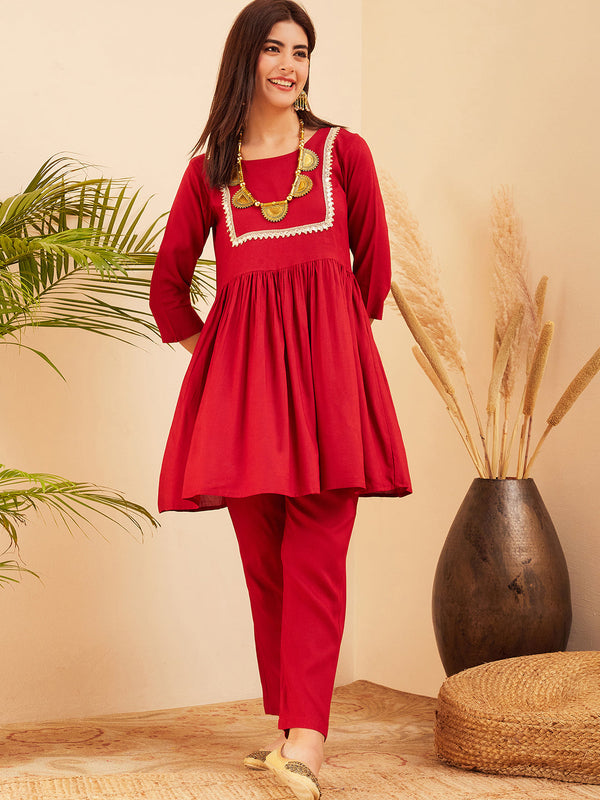 InWeave Women's Maroon Round Neck Square Gota Work Kurta Pant Set - Distacart