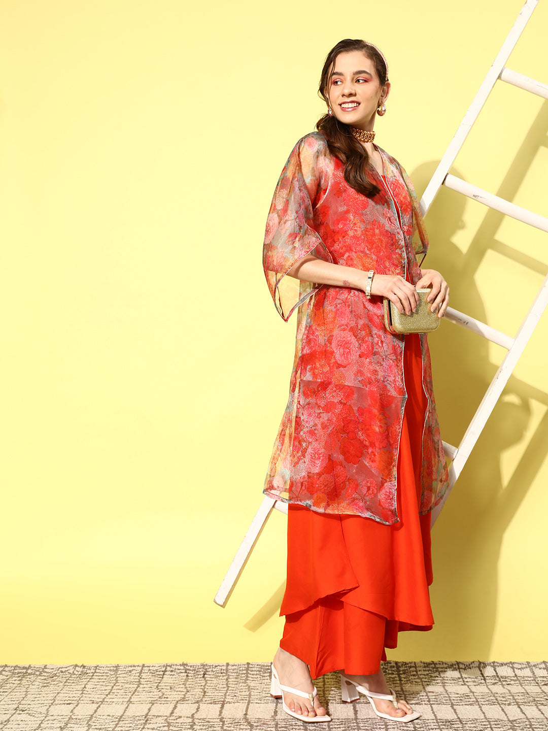 InWeave Women's Orange Strappy Set W Green Organza Cape - Distacart