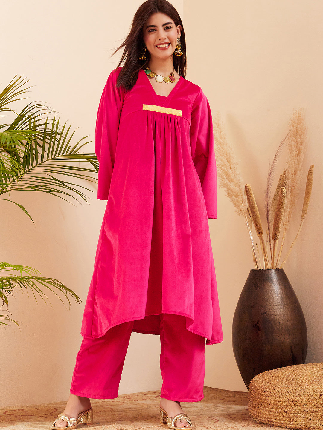 InWeave Women's Magenta V Neck Asymmetrical Pleated Velvet Kurta Set - Distacart