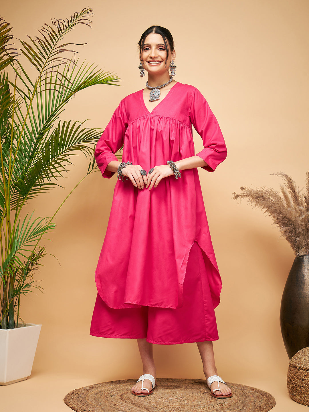InWeave Women's Fuchsia Flared Kurta Palazzo Set - Distacart