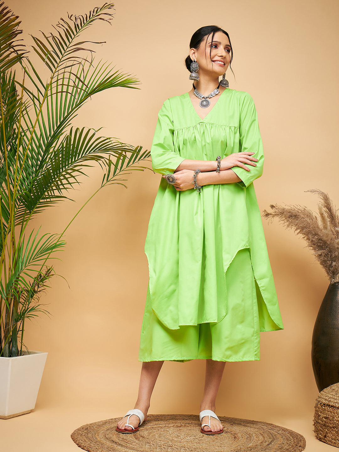 InWeave Women's Lime Green Flared Kurta Palazzo Set - Distacart