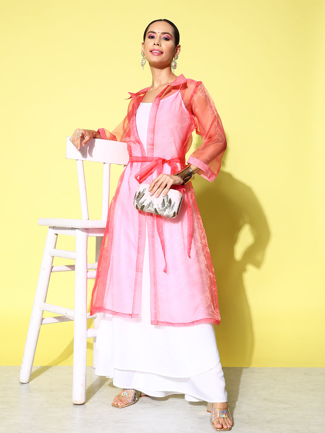 InWeave Women's Cream Strappy Kurta Set With Pink Organza Cape - Distacart