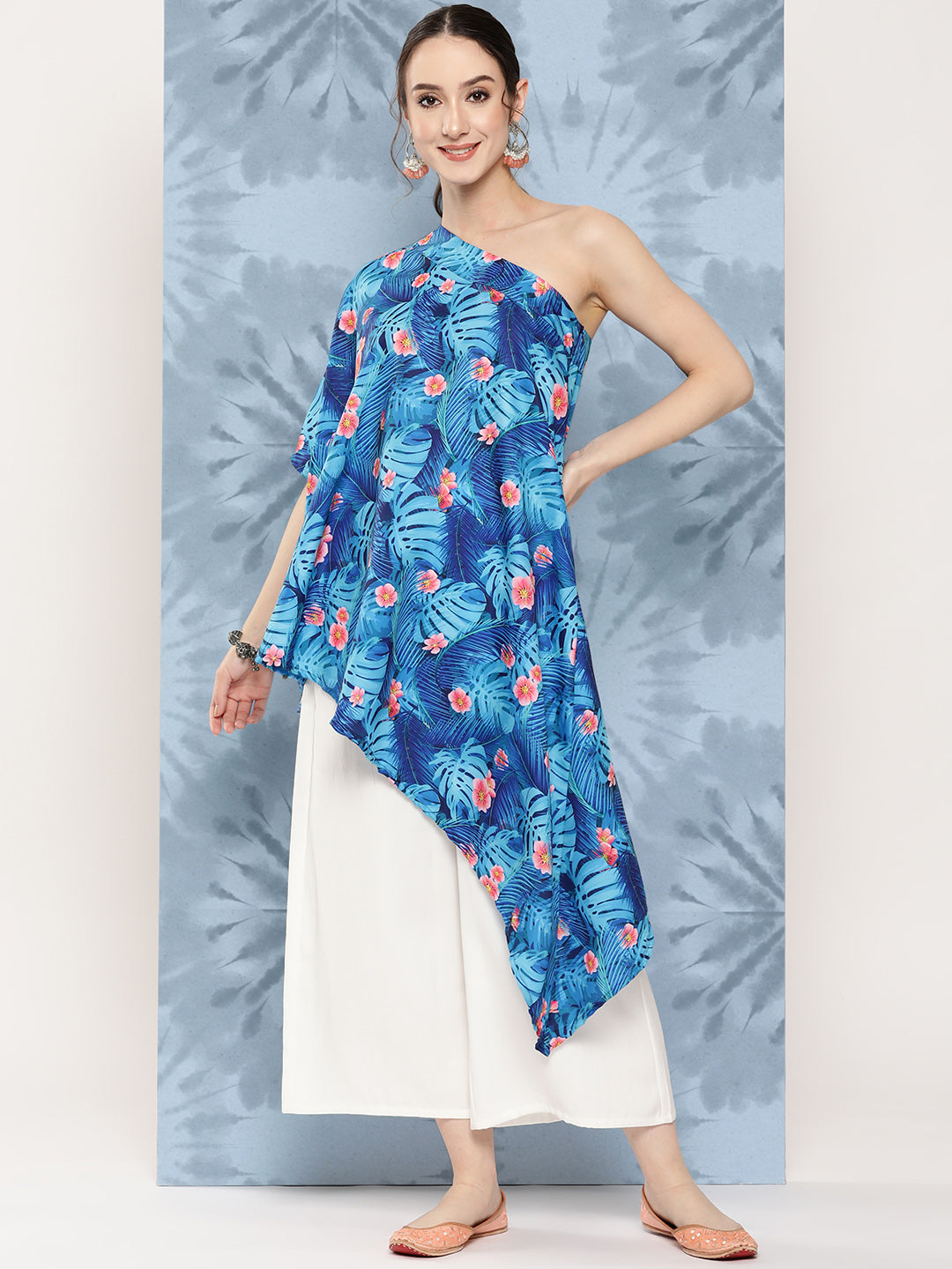 InWeave Women's Blue Pink Japanese Art Oneshoulder Top - Distacart