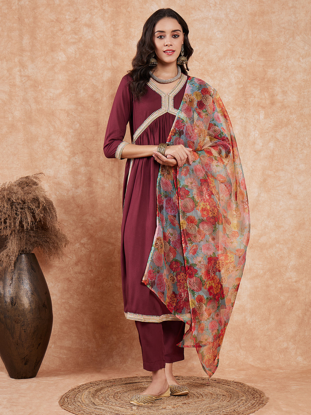 InWeave Women's Dark Burgundy Alia Neck Style Gota Set W Organza Dupatta - Distacart