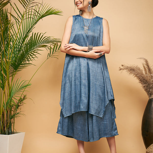 InWeave Women's Blue Lurex Short Pallazo Kurta Set - Distacart