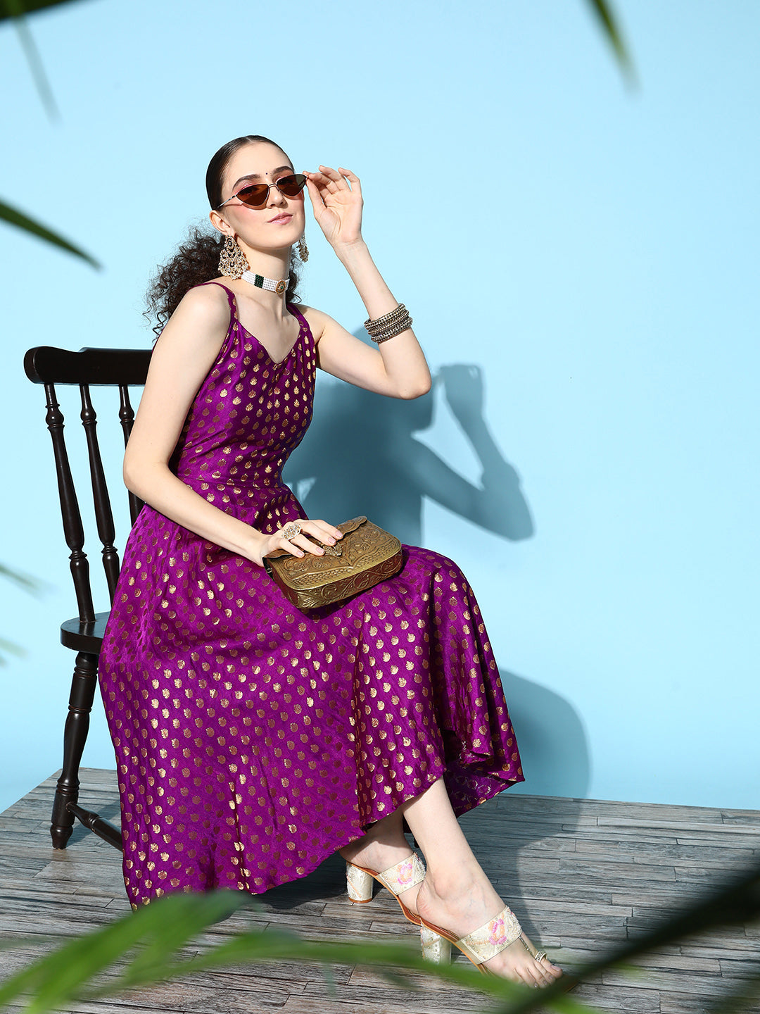 InWeave Women's Wine Gold Small Boota Long Dress - Distacart