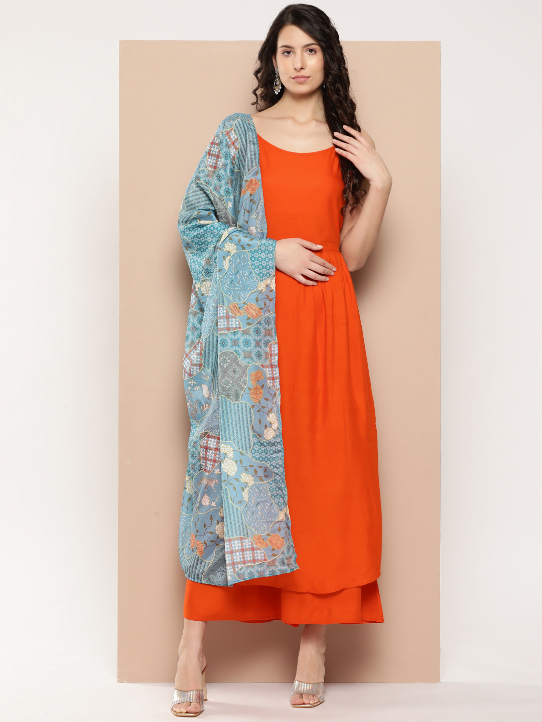 InWeave Women's Orange Strappy Set With Blue Chinnon Print Silk Dupatta - Distacart