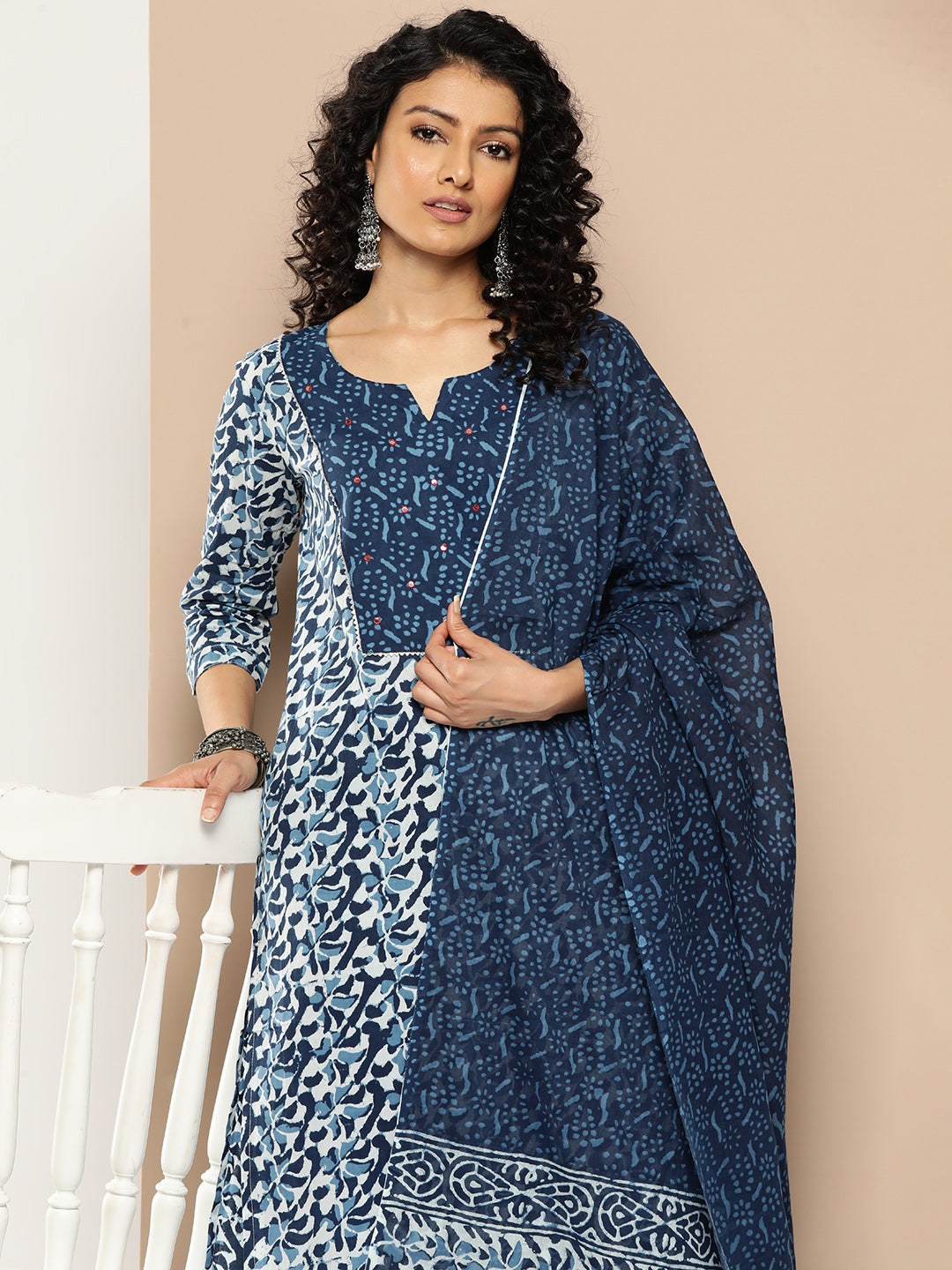 KSUT (House of Varanga) Blue And White Cotton Printed Yoke Design Kurta Paired With Printed Dupatta And Trouser - Distacart