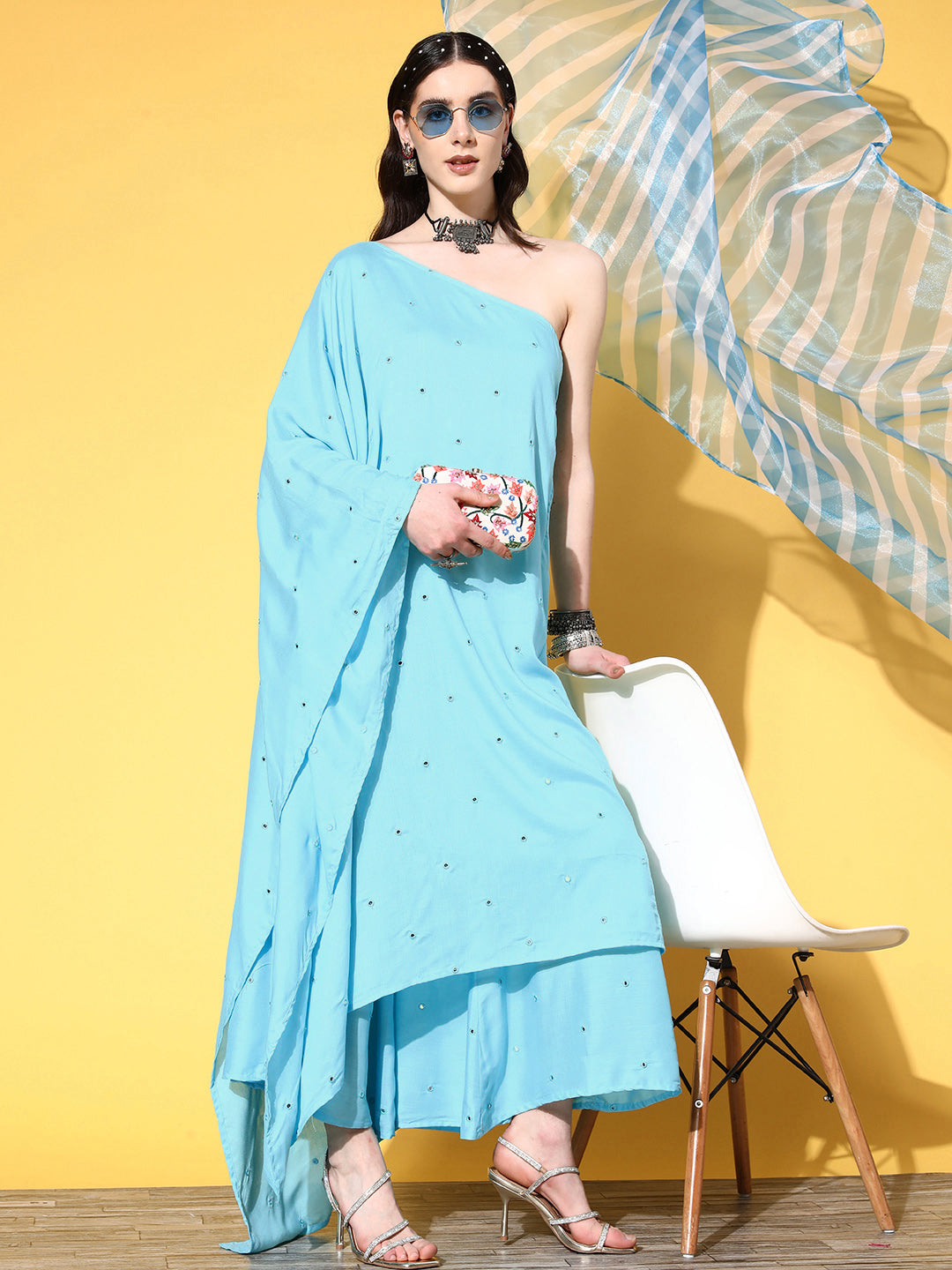 InWeave Women's Sky Blue Mirror Work One Shoulder Kurta Set With Dupatta - Distacart