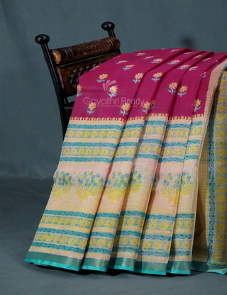 Magenta Pink And Mint Green Block Print Pure Kota Cotton Saree By Gayathri Reddy Designer Studio - Distacart