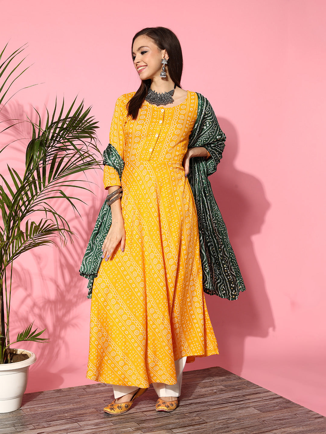 InWeave Women's Yellow Bandhani Long Anarkali Kurta With Green Bandhani Dupatta - Distacart