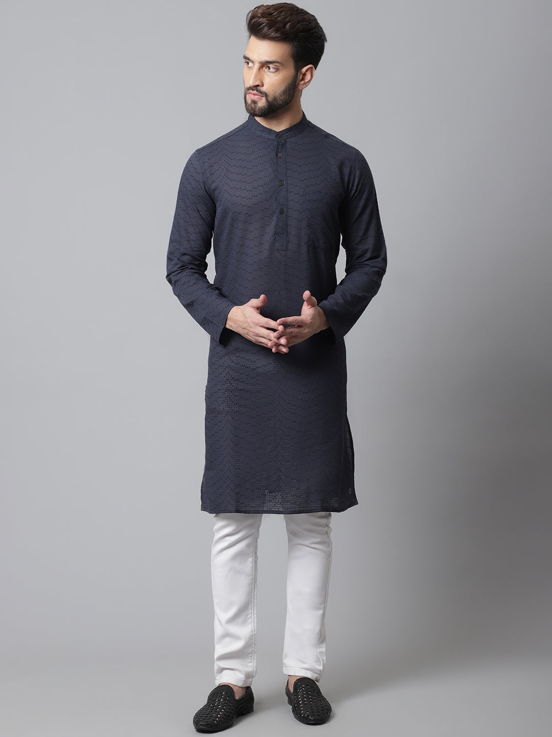 Even Apparels Blue Pure Cotton Kurta With Band Collar - Distacart