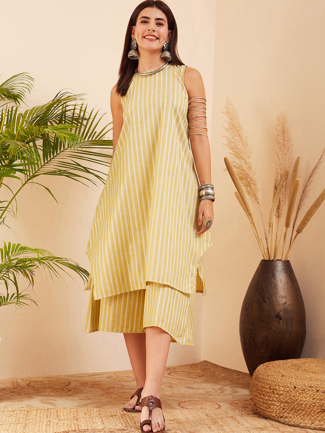 InWeave Women's Light Yellow Lurex Kantha Mandarin Neck Kurta Palazzo Set - Distacart