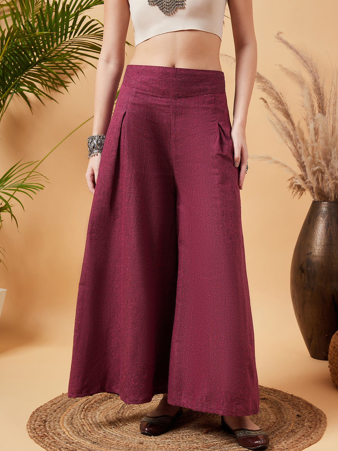 InWeave Women's Pink Wine Handloom Palazzo - Distacart