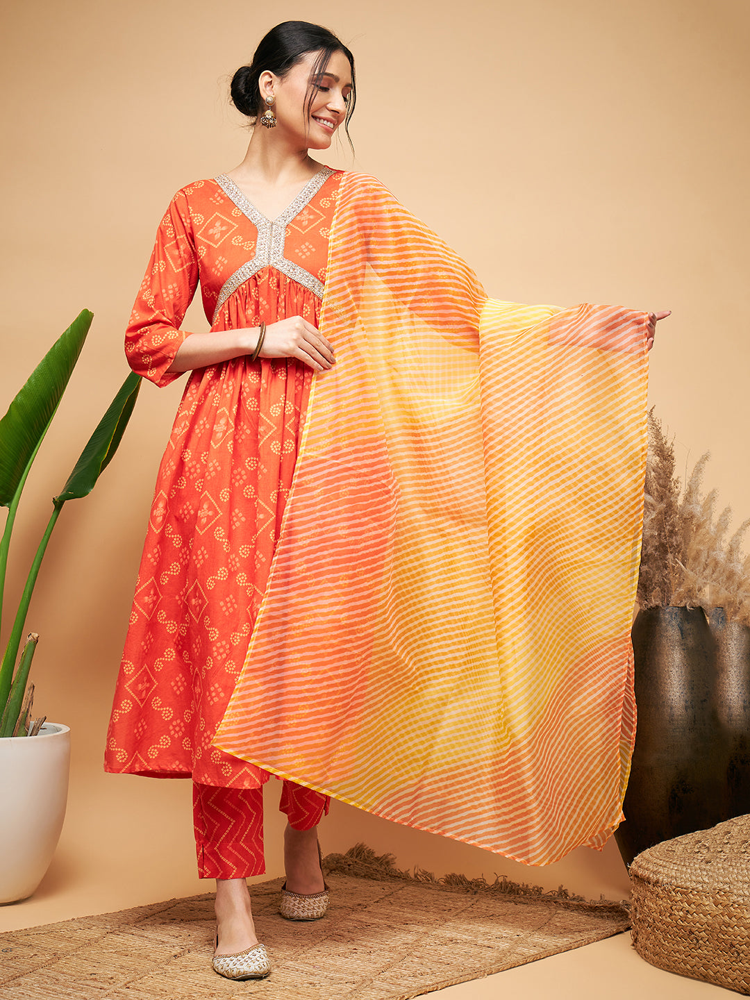 InWeave Women's Orange S Print Alia Cut Gota Work Kurta Set W Mustard Le Du - Distacart