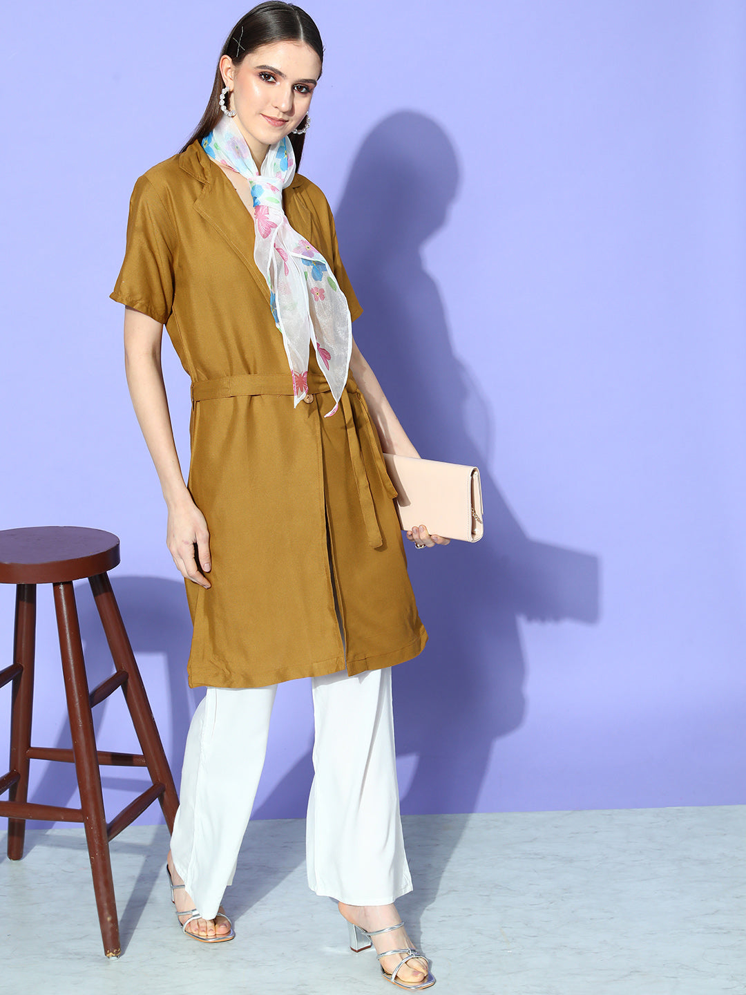 InWeave Women's Camel Brown Cream Pant Coord Set With White Butterfly Scarf - Distacart