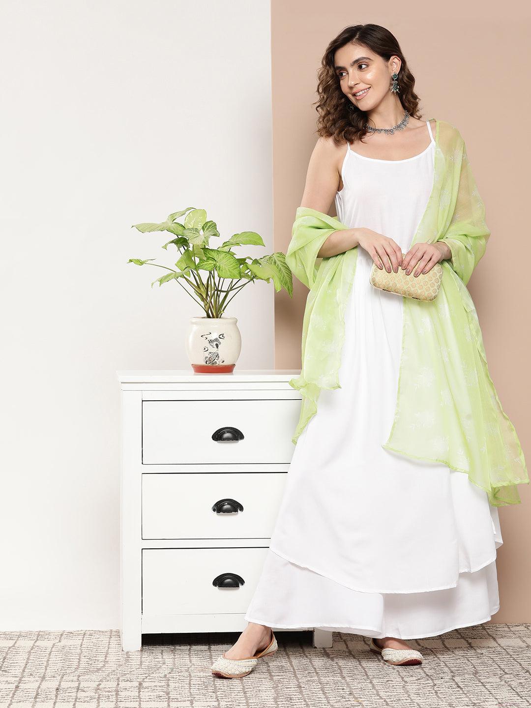 InWeave Women's Cream Strappy With Green White Chintz Organza Dupatta - Distacart
