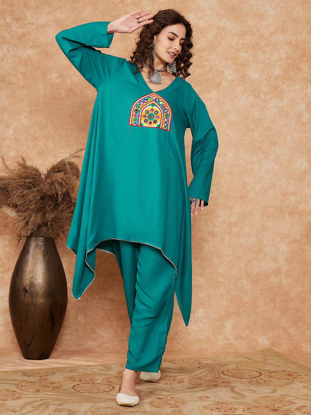 InWeave Women's Teal Trangle Yellow Patch Work Assymentrical Kurta Set - Distacart