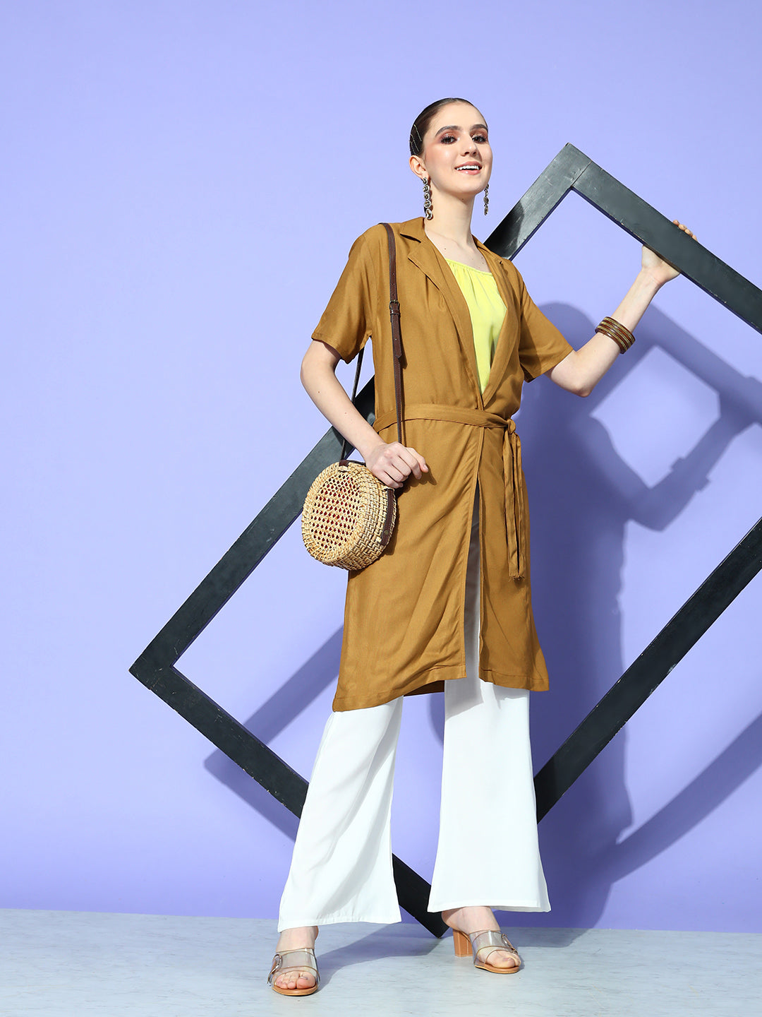 InWeave Women's Camel Brown Cream Pant Coord Set With Lime Green Crop Top - Distacart