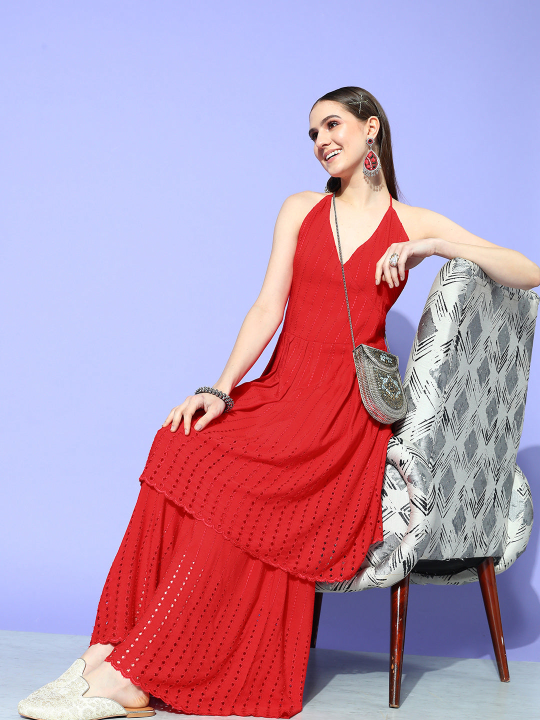 InWeave Women's Red Lace Work Backless Kurta Sharara Set - Distacart