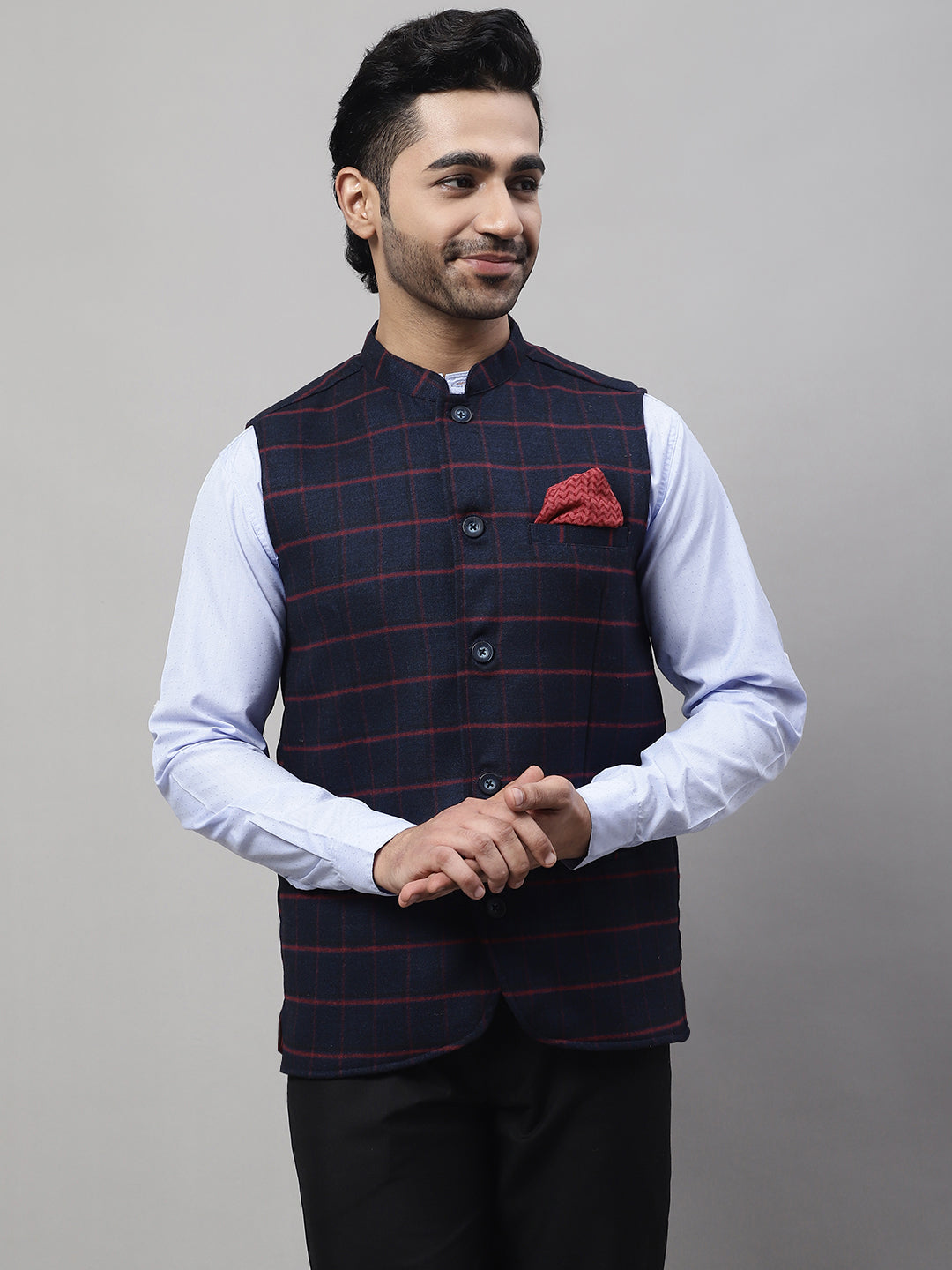Even Apparels Men's Blue Nehru Jacket With Welt Pockets - Distacart