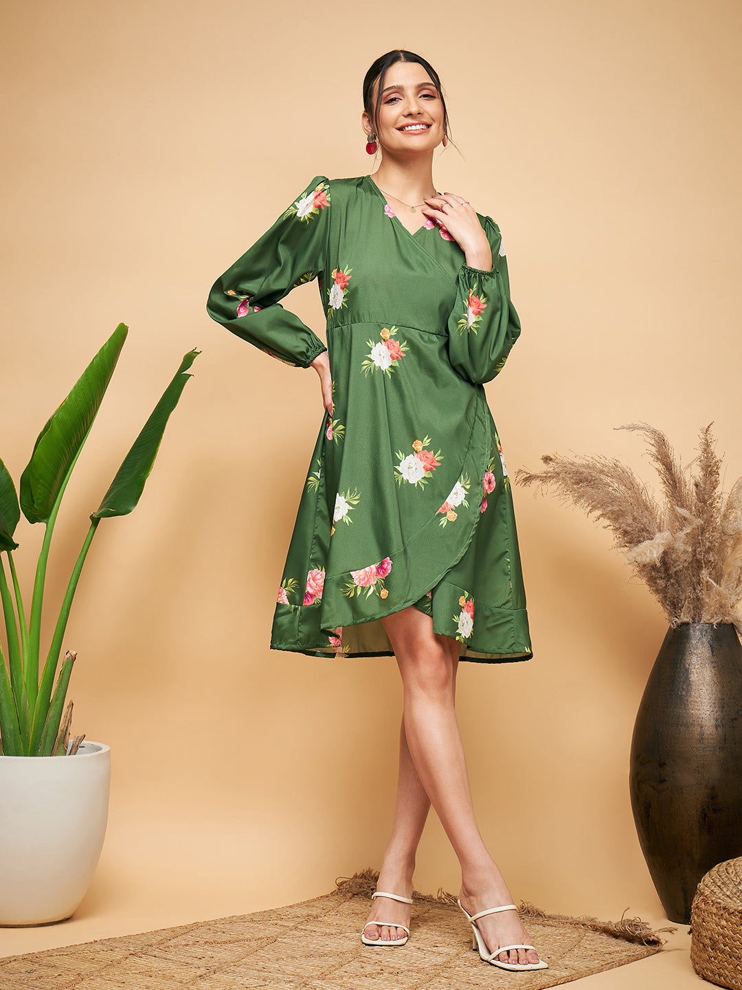 InWeave Women's Green Small Flower Belted Dress - Distacart