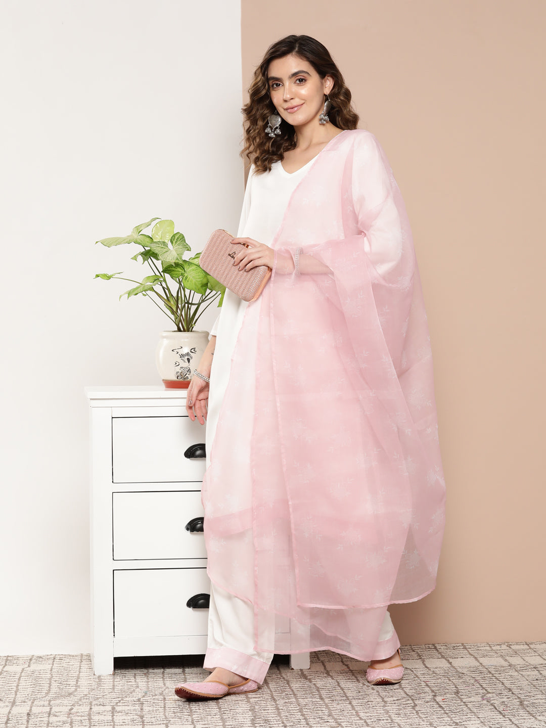 InWeave Women's Cream Straight Kurta Set W Pink White Print Organza Dupatta - Distacart