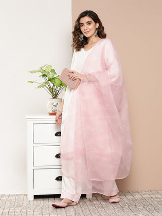 InWeave Women's Cream Straight Kurta Set W Pink White Print Organza Dupatta - Distacart