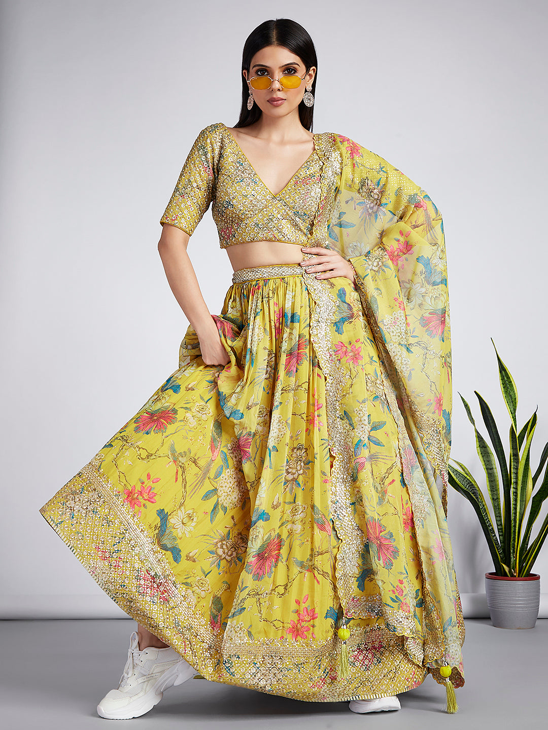 House of Panchhi Mustard Colour Organza Floral Design Digital Print Lehenga Choli & Dupatta - Distacart