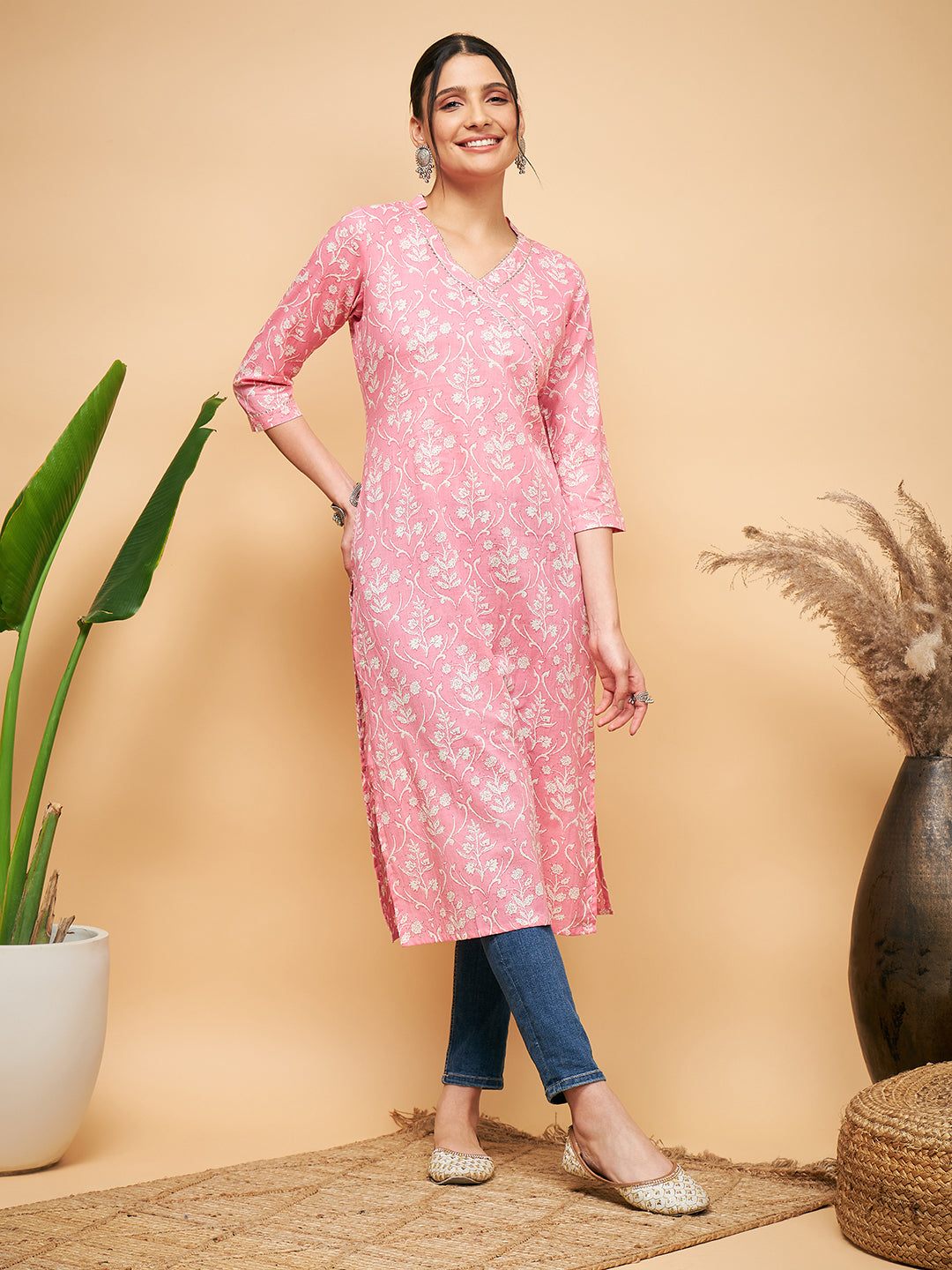 InWeave Women's Light Pink Floral Print Straight Angrakha Gota Kurta - Distacart