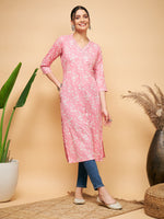 Thumbnail for InWeave Women's Light Pink Floral Print Straight Angrakha Gota Kurta - Distacart