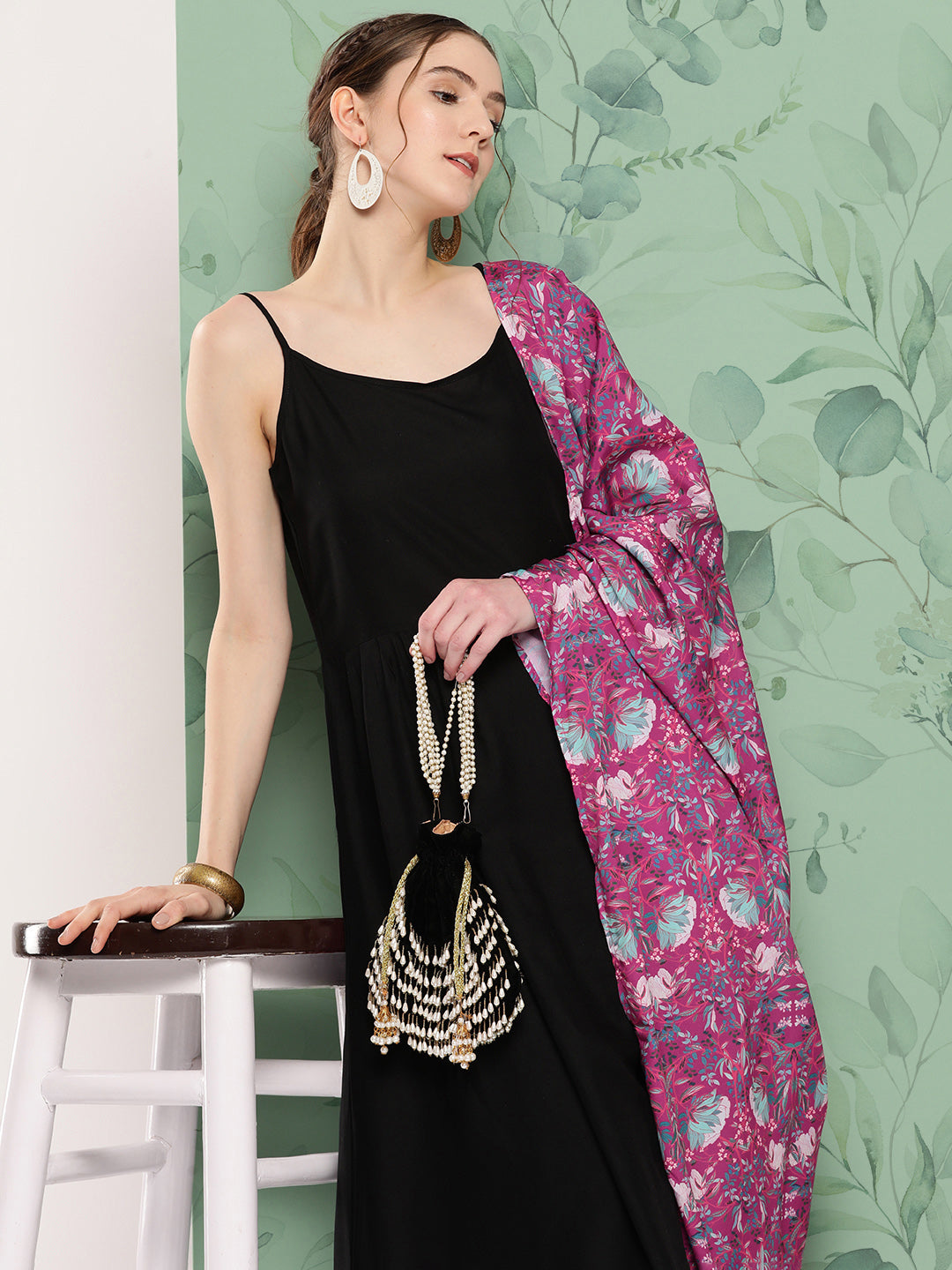 InWeave Women's Black Strappy Set W Magenta Camelia Cr Dupatta - Distacart