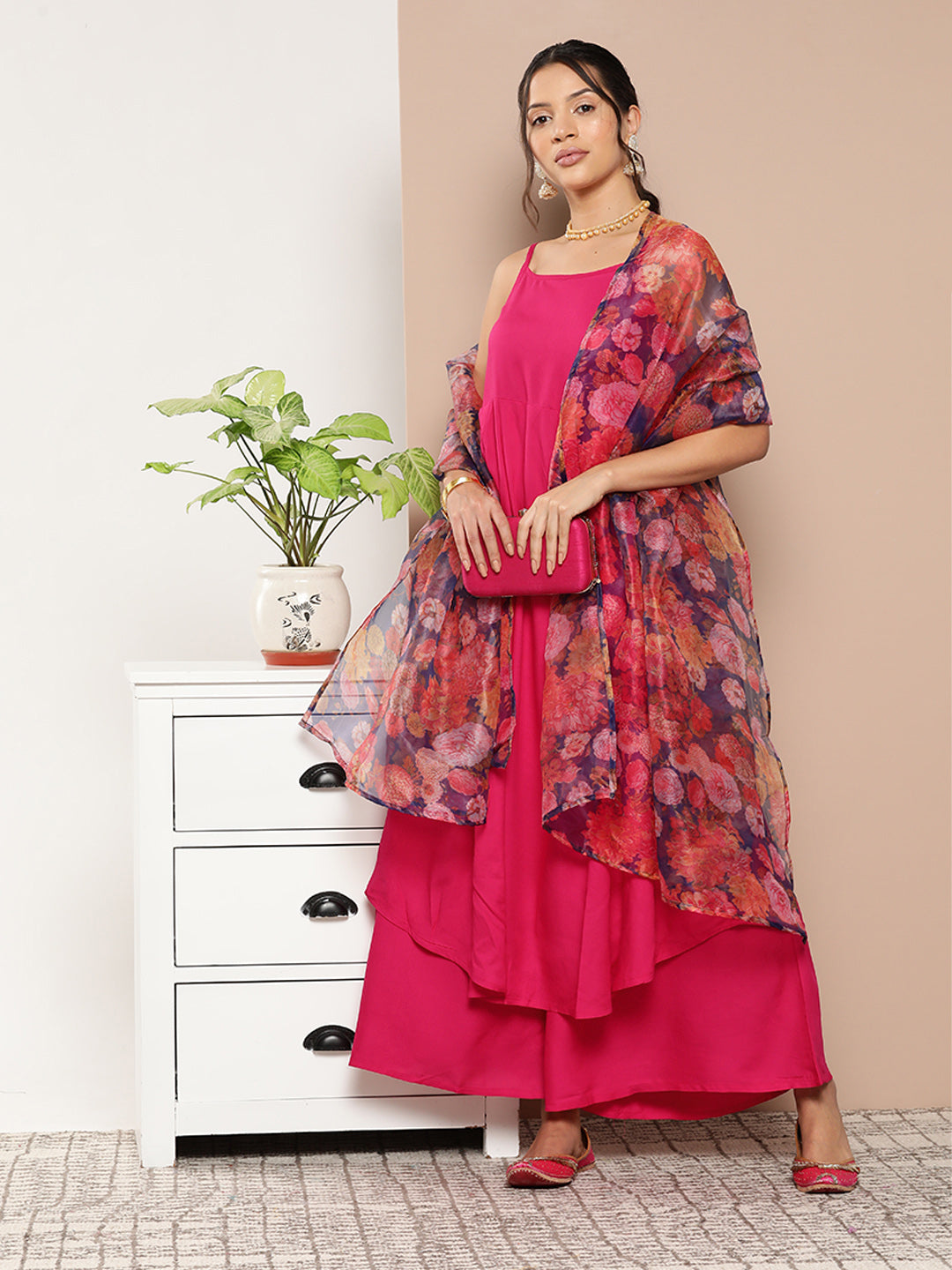 InWeave Women's Fuchsia Strappy Set With Navy Floral Organza Dupatta - Distacart
