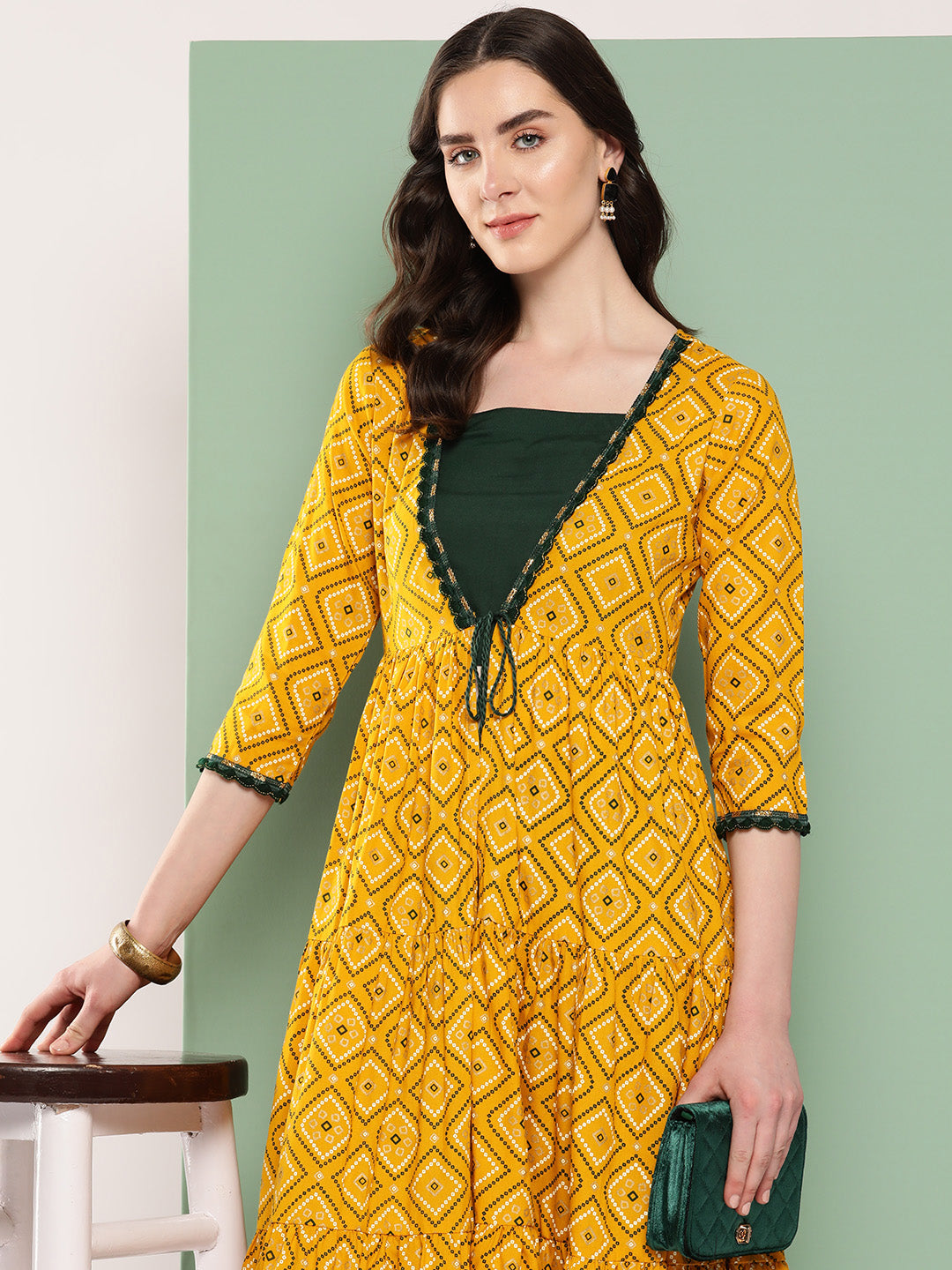 InWeave Women's Green Top Bottom W Mustard Bandhej Long Shrug Set - Distacart