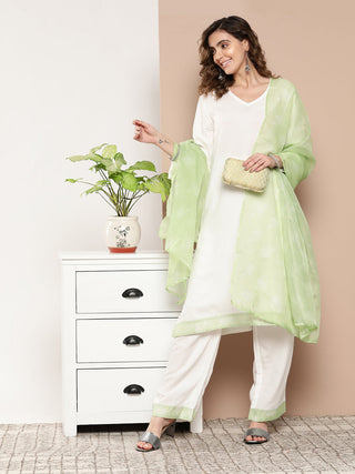 InWeave Women's Cream Straight Kurta Set W Green White Print Organza Dupatta - Distacart