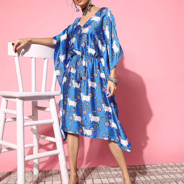 InWeave Women's Ink Blue Indian Bull Print Kaftan - Distacart